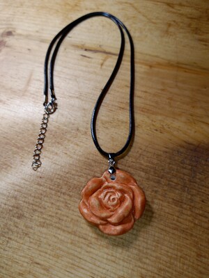 Handmade Ceramic Floral Shaped Pendant | Peach Color Flower Pendant Necklace with Braided Leather Necklace - image1